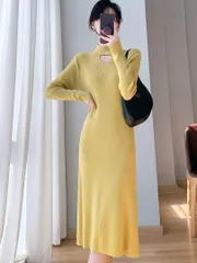 【イエロー★ＸＬサイズ】長袖ニット ワンピース ひざ丈 韓国 秋 冬　大きめ　体型カバー　ゆったり　Aライン　おしゃれ