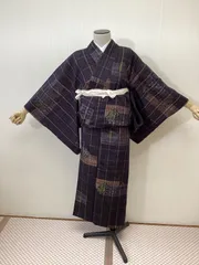 単衣　着物　紬　紬着物　格子　絣紫紺　リサイクル着物　t-522のサムネイル