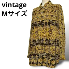 レトロ オリエンタル 長袖シャツ 柄 ポリシャツ M タイ ゾウ ボタン 襟付き used in Japan