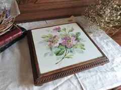 フランス アンティーク　花絵　陶器　鍋敷　木製スタンド