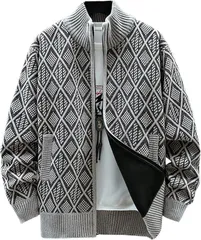 aspersio アスペルシオ ニットジャケット 秋冬 防寒 ジャンパー 暖かい ハイネック フルジップ ブルゾン アウター メンズ セーター アウトドア カッコイイ フードなし オシャレ 通勤 コート モコモコ 長袖(アッシュグレー,  L)