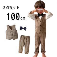 子ども服 90cm ノーカラーシャツ パンツ サスペンダー 3点セット