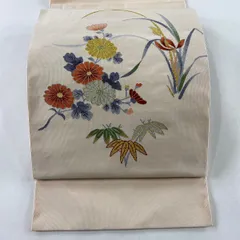 名古屋帯 秀品 トンネル仕立て 菊 笹 金銀糸 薄ピンク 正絹 【中古】