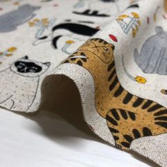 エモエモ　綿麻キャンバス ねこ プリント　きなり　50ｃｍカットクロス