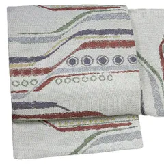 【中古】袋帯 正絹 唐織 リサイクル 灰白 ライトグレー 水玉 ドット 横段 幾何学模様 銀通し 西陣織 田中義織物 礼装用 フォー No.6-0560