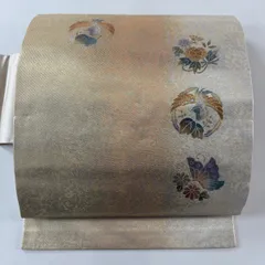【美品】 名古屋帯 秀品 鳥 花蝶 螺鈿 箔 ベージュ 正絹 【中古】