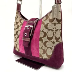 ✨美品✨ COACH コーチ ワンショルダーバッグ トートバッグ バックル マルチカラー シグネチャー 総柄  シルバー金具 チャーム キャンバス スエード レザー レディース ベージュ 肌色 ピンク 桃色 ボルドー 赤紫色