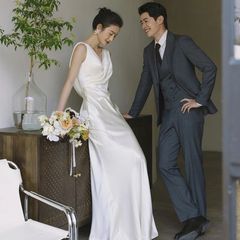 ロングドレス シンプル ウエディングドレス スリット 韓国