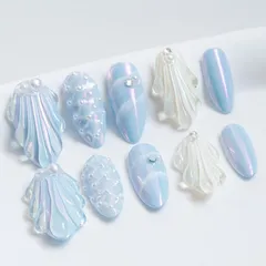 3D 人気 キラキラ おしゃれ パール 可愛い シェル 人魚の鱗 デザイン つけ爪 アーモンド 付け爪 ロング 10枚入 ミディアム ネイルチップ (#28 手作り Nails 青・XS) Sun&Beam
