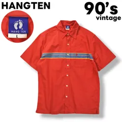 90s ヴィンテージ ハンテン HANGTEN 半袖 リネン ライク コットン シャツ ボックス シルエット スリット入り L レッド x ボーダー柄 マルチカラー アメリカン カジュアル ストリート メンズのサムネイル