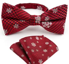 赤と黒のチェック 蝶ネクタイとポケットチーフセット　2点セット　ワンタッチ　ネクタイ　結婚式　イベント　ビジネス　パーティー　ダンスパーティー　バーテンダー　成人式　卒業式　入学式　入園式　入社式　父の日　七五三祝い　クリスマスパーティー　レッド色　ホワイト色