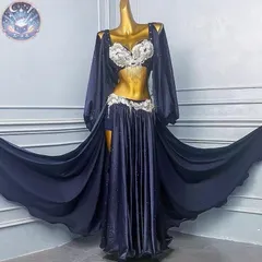 新品 未使用 ベリーダンス オリエンタル衣装  トップス スカート オーダーメイド ステージ衣装  上下セット オリエンタルベリーダンス服 ビーズスパンコール  ネイビー