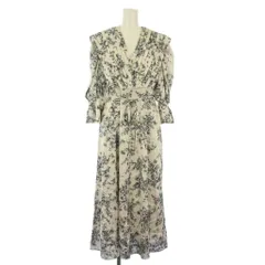 スナイデル SNIDEL ビッグカラークラシカルプリントワンピース フレア ミモレ ロング 七分袖 花柄 0 アイボリー 黒 ブラック SWFO224274 /BB