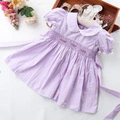 新品 スモッキングワンピース　パープル　無地　子供用品　花柄ワンピース　リボン　ハンドメイド　上品　丸襟　発表会　リングガール　半袖　可愛い　コットン100％ 　双子服　 誕生日　　撮影　七五三祝い　お姫様　90,95,100,110cm,120cm,