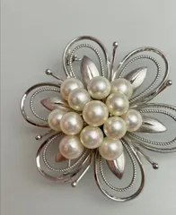 シルバー(銀製) ・あこや真珠　パール花モチーフ 3way ブローチ/帯留め /ペンダントトップ silver刻印
