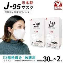 【まとめ買い2個組】J-95 マスク 日本製  正規品 JIS規格適合 30枚入×２箱(60枚)「ホワイト」