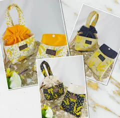 幸せ運ぶ♪ミモザのスマホショルダーと巾着バッグのセット ハンドメイド　ミモザ　スマホケース　巾着　植物　北欧　ショルダーバッグ　黄色　グレー　ネイビー　デニム