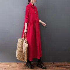 ☆ レッド ☆ Lサイズ ☆ ロングワンピース lyon10131 ロング ワンピース 長袖 フレアスカート ロングワンピース ワンピ シャツワンピース シャツワンピ ロングワンピ ロングスカート ロング丈 マキシム丈 マキシム 無地 体型カバー ゆったり