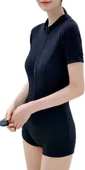 ririka 水着 ラッシュガード 半袖 フルジップ 前開き uvカット ハイネック 上下 ワンピース スイムウェア 一体型 スポーツ レディース 黒( ブラック,  M)
