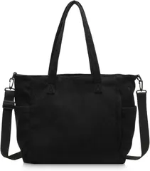 MT's SHOP トートバッグ ショルダー 大容量 コーデュロイ キャンバス 無地 サイドポケット 肩掛け 手提げ マザーズ SH413(ブラック)