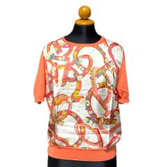 ◆中古品◆Salvatore Ferragamo サルヴァトーレフェラガモ シルク ウール トップス Lサイズ レディース スカーフ柄 サーモンピンク kyQ17020N