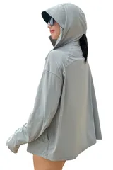 [MORE AUNI] ラッシュガード レディース UVカット UPF50+ パーカー 長袖 ミドル丈 トップス ジップアップ サマーパーカー フード つば付き 日焼け対策 接触冷感 軽量 速乾 通気性 体型カバー 紫外線 [グレー / J20033] [L]