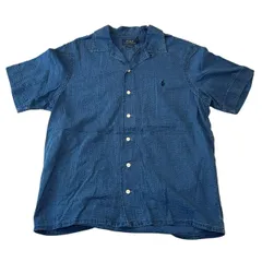 00s POLO RALPH LAUREN INDIGO OPEN COLLER S/S SHIRT ポロラルフローレン 半袖開襟シャツ M インディゴ シアサッカー 古着