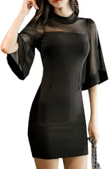 toasoa トーアソーア タイト ワンピース レディース ハイネック シースルー フレア スリーブ 005 -( ブラック,  S)