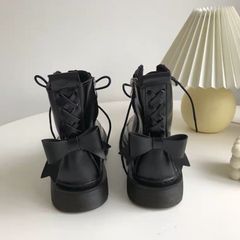 【新品】レトロガーリー♡ブリティッシュクロスリボンショートブーツ　C0196　レディース ブーツ ブラック 黒 リボン レースアップ ショートブーツ 22.5 23 23.5 24 24.5