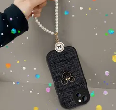 送料無料 【高級ツイード風】iPhoneケース ブラック ディズニー風 キラキラ おしゃれ 大人可愛い 落下防止ストラップ付き   iPhone 15 iPhone 14 iPhone 13 iPhone 16Promax