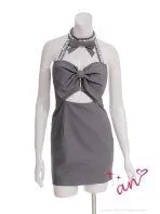 グレー[AOC-3904]【an/アン】ストレッチ/ ラメ/ ツイル/ ジッパー/ リボン/ ビジュー/ ウエストカット/ ホルターネック/ タイト/ ミニドレス/ キャバドレス / ワンピース/ ドレス