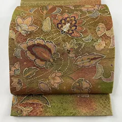 袋帯 名品 花唐草 流水 螺鈿 銀糸 鶯色 お太鼓柄 正絹 【中古】