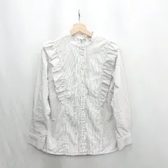 ◇ ⊂ ◎ ● Te chichi テチチ ストライプ　フリル 長袖 ノーカラーシャツ サイズF グレージュ レディース E  【1412260003391】