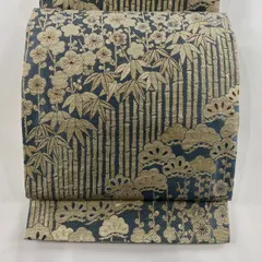 【美品】 袋帯 名品 松竹梅 箔 青灰色 六通 正絹 【中古】