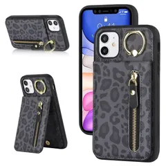 【特価セール】ケース カード収納 背面 レディース 11 電話ケース 手帳型財布ケース，iphone11 ケース iPhone 手帳型財布 レトロ PUレザー DEYHU 多機能ジッパーポーチ メモリカードスロット ハンドバッグ(ブラックヒョウ柄)