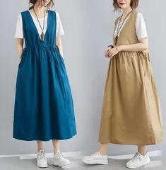 ジャンパースカート 夏 レディース サロペットスカート 無地 ジャンスカ vネック ロングワンピース ミモレ丈 フレア ワンピ guyanhui06