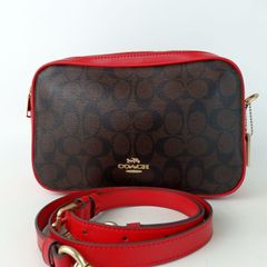 【COACH】コーチ シグネチャー カメラバッグ ショルダーバッグ ダブルファスナー F68168 レッド ブラウン レディース 【中古】8-3 41022