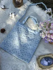 トートバッグ　刺繍　レディース ショルダー　手提げ 小さめ 斜めがけ 軽量 おしゃれレトロ 可愛いライトブルー