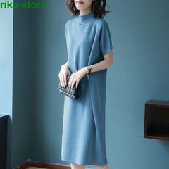 3色 ニットワンピース レディース OL 上品 マキシワンピース 春夏 ハイネック 半袖 体型カバー 着痩せ 通勤 結婚式 膝丈 ロング 大きい 20LFY10本日限定