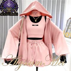 Cute 3-piece sweatshirt hoodie set: Pink and black sweatshirt, sportswear, sexy leg-lengthening shorts, cute loungewear, tracksuit, running wear, cute spring/summer clothes, women's M and L sizes, pajamas, loungewear, tracksuit, autumn clothes, sun protection effect.