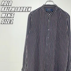【US古着】POLO RALPH LAUREN　ポロラルフローレン　ストライプ柄長袖シルクシャツ　ノーカラーシャツ　メンズ　サイズ表記L　ブラック×パープル×ホワイト