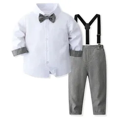 【新品】 [Volunboy] 男の子 フォーマル 子供 スーツ 子供服 ベビー服 長袖シャツ+長ズボン+ 蝶ネクタイ+サスペンダー4点セット おしゃれ 卒園式 入園式 入学式 結婚式 誕生日 80-130cm (グレー,120) 1