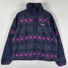 古着 コロンビア Columbia フリースジャケット ハーフボタン 総柄 ワンポイントロゴ アウトドア L  ネイビー マルチカラー レディース
