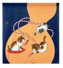 ひょうたんと猫のれん巾85x丈90cm福よ来い-niil