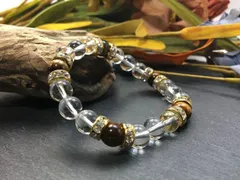 パワーストーン ブレスレット タイガーアイ&水晶 (ゴールド) 8mm レディース  ●