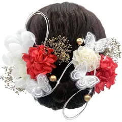 [JZOON] 髪飾り 成人式 水引 ドライフラワー 蝶々飾り 紫陽花 ソーラーローズ 人気 ヘアアクセサリー 前撮り 振袖 卒業式 結婚式 和装 袴 着物 浴衣に ブライダル 花嫁 ホワイト 赤 18点セット Y1705