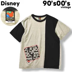 90s00sヴィンテージ ディズニー Disney アシンメトリーカラー ミッキーマウス プリント 半袖 Tシャツ クルーネック キャラT アメカジ ストリート ヘザーグレー x ブラック メンズ