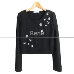 美品 Rene ルネ サイズ38 ニット カーディガン パール装飾 刺繍 ショート丈 長袖 レーヨン×ナイロン 黒 ブラック レディース