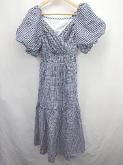 ◇ ⊂ GRL グレイル チェック柄 五分袖 ロング カシュクール　袖ボリューム調ワンピース サイズF ネイビー系 レディース E  【1507080016710】