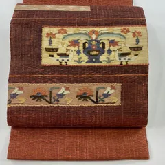 【美品】 袋帯 秀品 草花 鳥 小豆色 お太鼓柄 正絹 【中古】